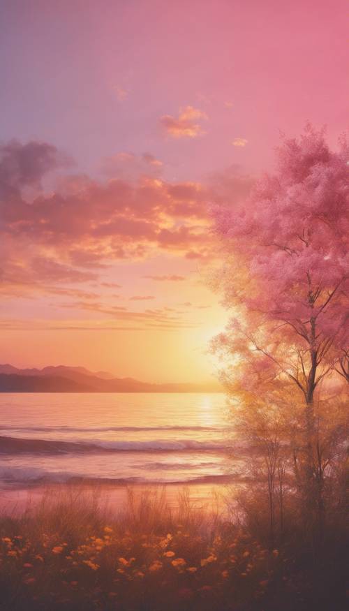 一幅梦幻般的日落画，以淡黄色、橙色和粉红色为主色调。