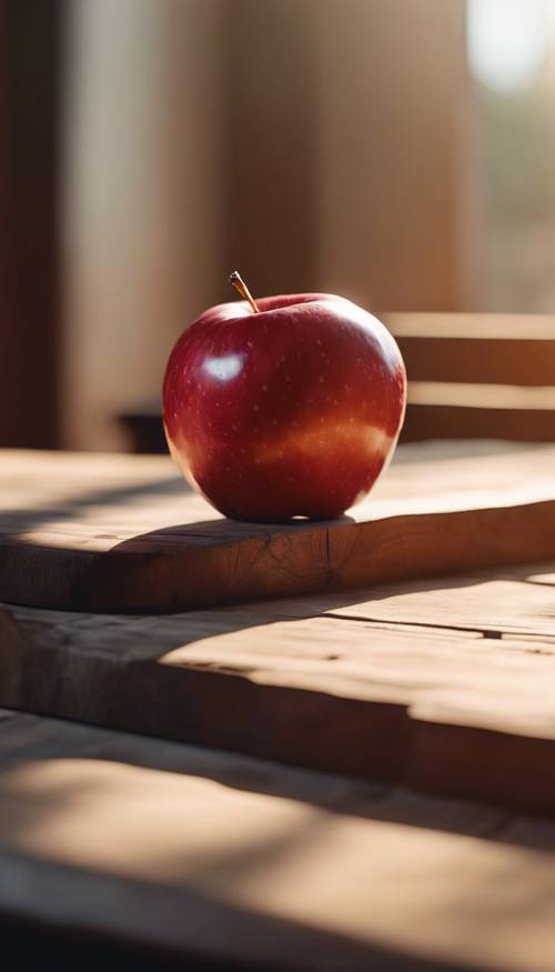 Une pomme rouge mûre assise sur une table en bois éclairée par la chaude lumière du soleil