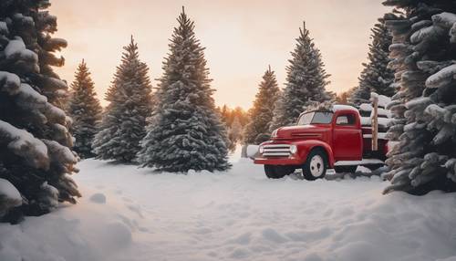 Eine verschneite ländliche Szene mit einem alten roten Lastwagen, beladen mit frisch geschlagenen Weihnachtsbäumen, deren reinweiße Schneeschicht in der untergehenden Sonne glitzert.