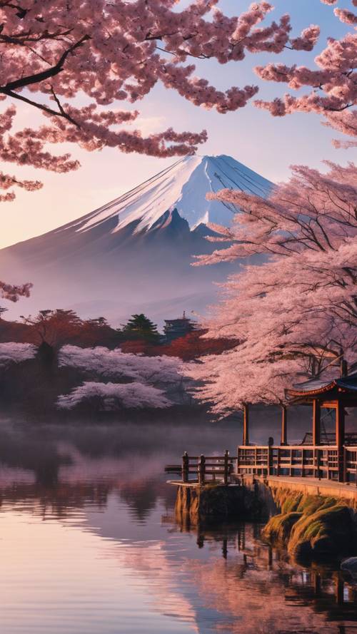 Живописная сцена горы Фудзи во время восхода солнца с четким отражением в озере, обрамленном цветущими деревьями сакуры.