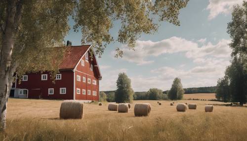 A farm view in Swedish countryside in late summer, hay bales scattered on the fields, neat red and white farmhouses, and silver birch trees...