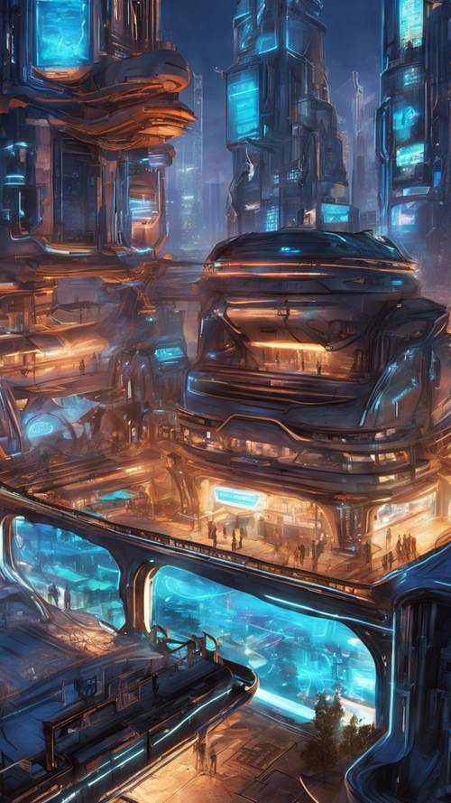 霓虹藍主題遊戲的詳細未來城市設計。