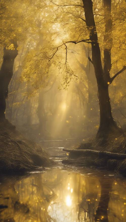 Una escena de bosque mística imbuida de un aura amarilla espiritual.