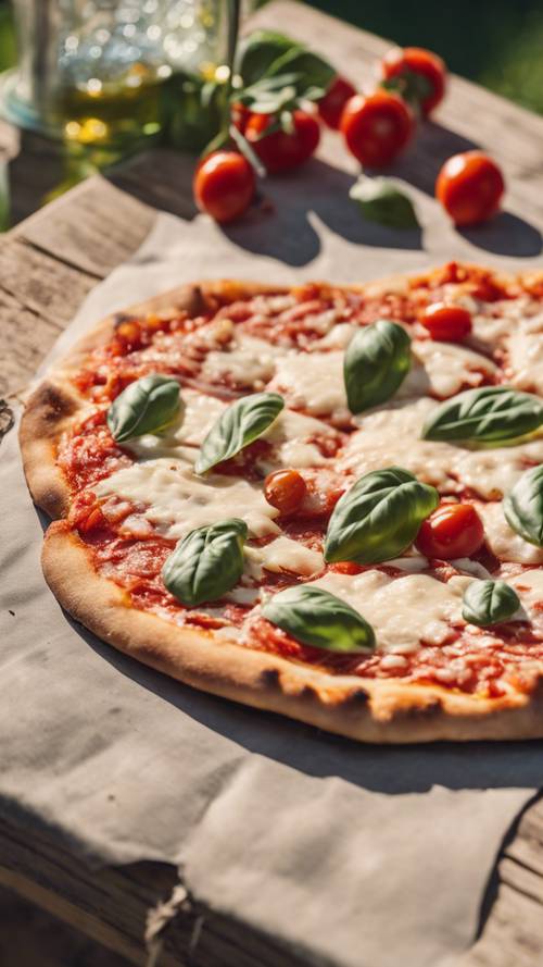 Eine Pizza Margherita mit dünnem Boden, von der bereits ein Stück abgenommen wurde, steht an einem sonnigen Tag im Freien.