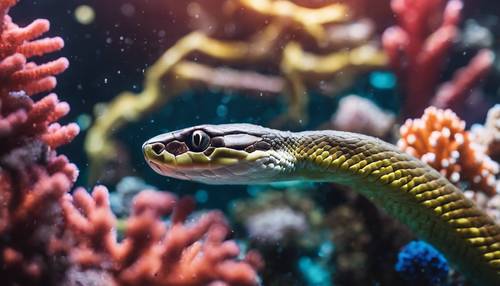 Sebuah foto bawah air seekor ular sedang berenang di dekat karang laut yang berwarna-warni.