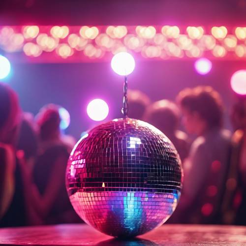 A scene of a lively 80s disco with a glittering mirror ball.