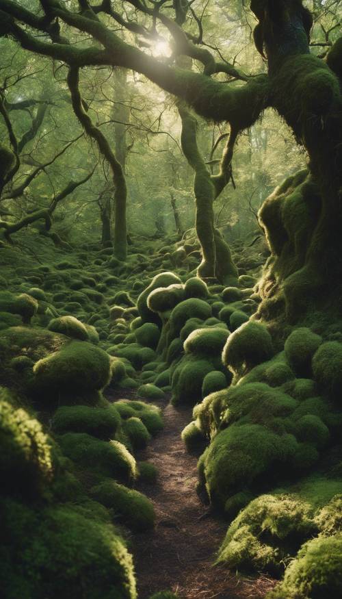 Uma floresta verde escura aconchegante e convidativa com árvores cobertas de musgo, onde a luz do sol é filtrada pela copa ramificada.