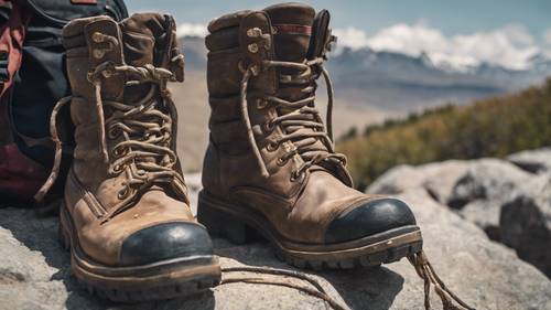 A pair of worn-out boots and a backpack on a rocky terrain. A motivational quote about perseverance is incorporated into the image in a bold, rugged font.