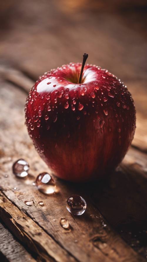 Ein großer reifer roter Apfel mit einem Tautropfen darauf, auf einem Holztisch liegend.