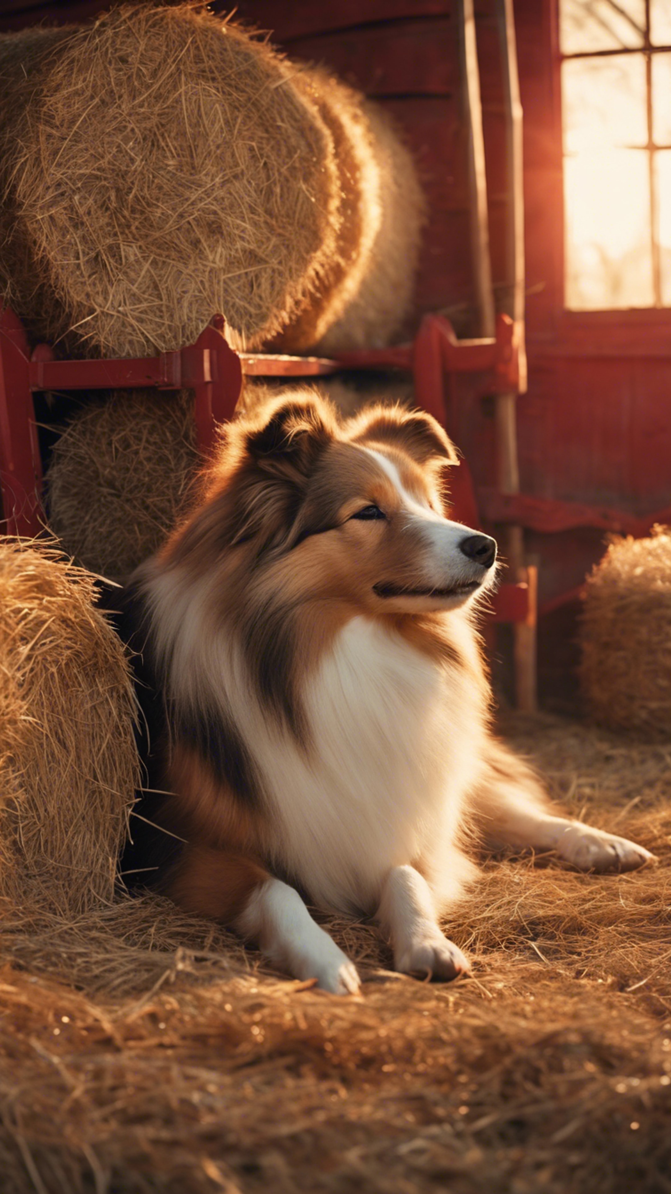 A Shetland Sheepdog sleeping in a vintage red barn, surrounded by hay balls and a setting sun. Tapeta[4b8e09167f2043c5830e]
