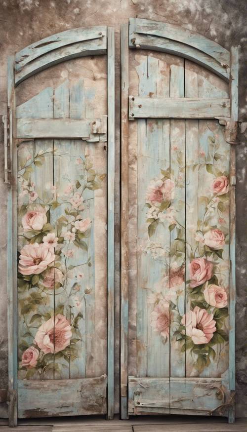 陽光漂白的木門上手繪破舊別緻的花卉圖案
