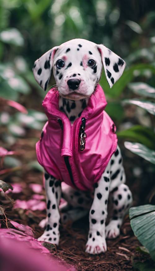 Un cucciolo dalmata rosa acceso che esplora con curiosità una giungla lussureggiante.