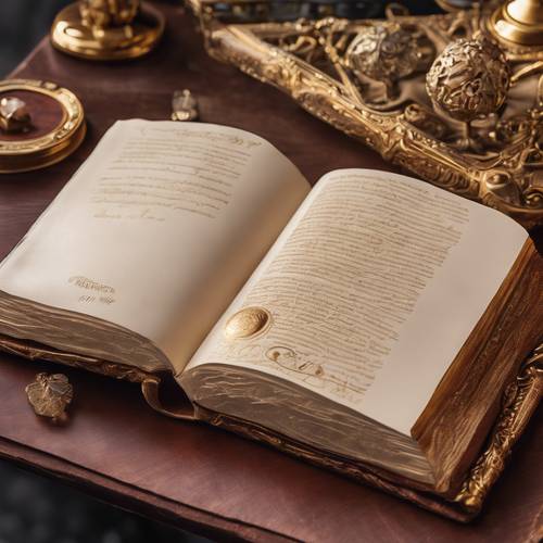 Sebuah buku bersampul kulit berwarna krem ​​​​dengan hiasan tulisan emas, tergeletak di atas meja kayu mahoni.