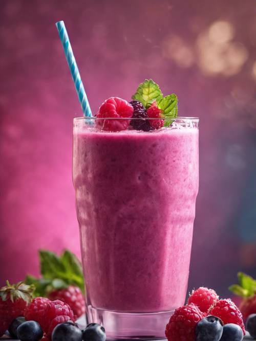 A luscious cool pink mixed berry smoothie poured in a tall glass, served with a straw.