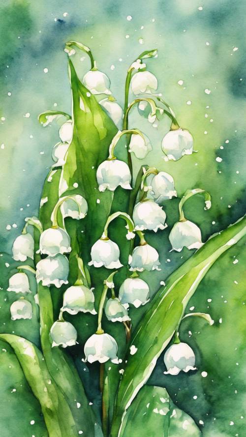 A whimsical watercolor painting of a patch of Lily of the Valley flowers.