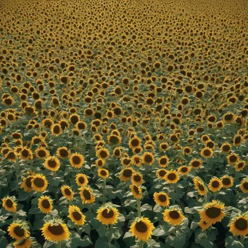 A bird's eye view of a sunflower maze filled with visitors, under a clear summer sky.