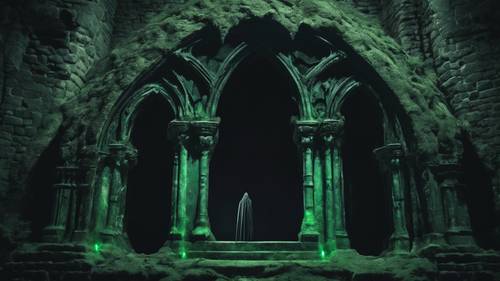 Green hands emerging from a black gothic crypt at moonlit night.