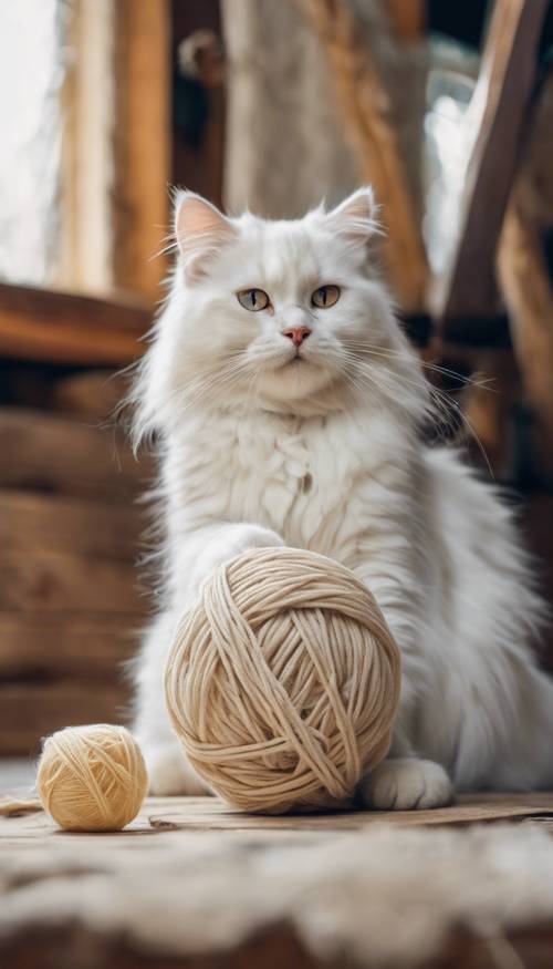 A snow-white Siberian cat playing with a ball of yarn in a cozy cottage.