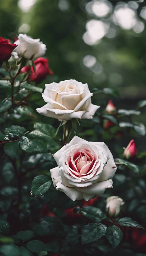 Una vibrante rosa bianca e cremisi in piena fioritura, circondata da un lussureggiante fogliame verde.