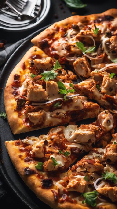 A fiery BBQ chicken pizza on a black plate in a dimly lit setting.
