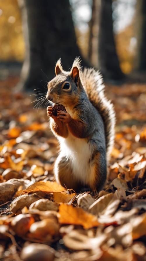 A squirrel foraging for nuts on the ground strewn with autumn leaves.