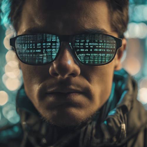 Odaklanmış bir bilgisayar korsanının gözünde hızla değişen kodu yansıtan gözlükler