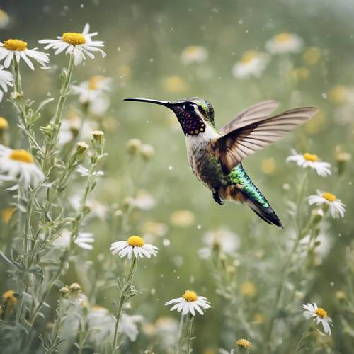 Un colibri flottant de fleur en fleur dans un champ de marguerites vert sauge.
