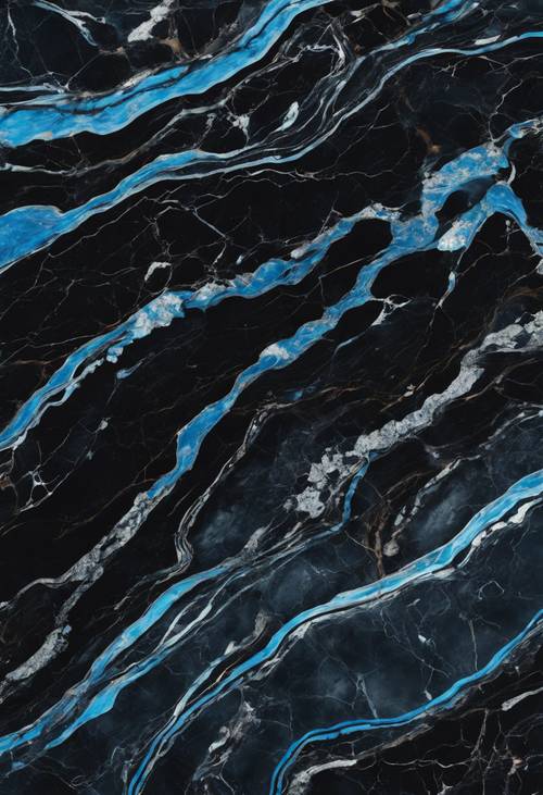 大理石の黒と青の模様が魅力的に表現された壁紙