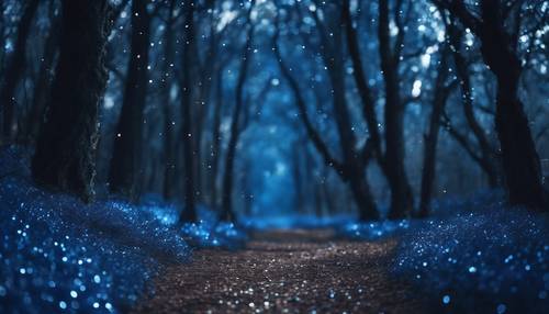 Ein mystischer Pfad in einem dunklen Wald aus funkelndem blauem Glitzer.