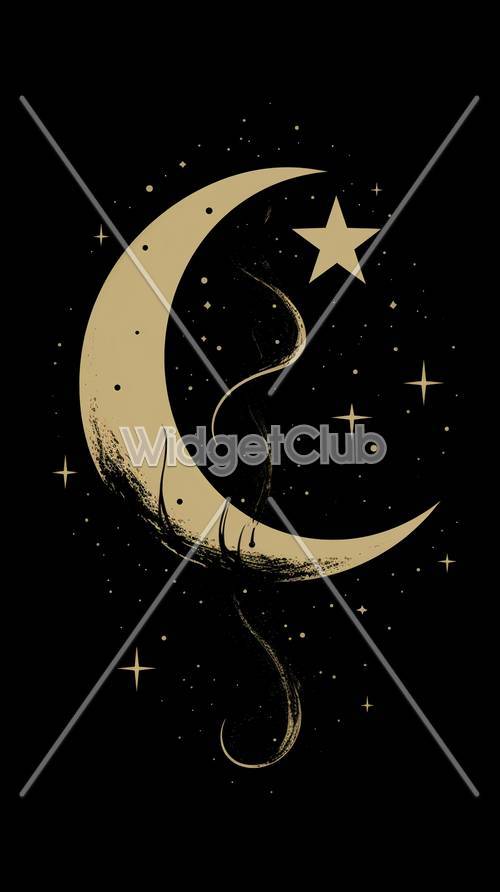 Golden Crescent Moon and Stars in Night Sky