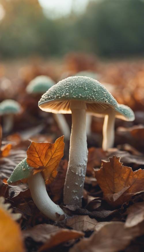 Dojrzałe zielone grzyby szałwiowe zagnieżdżone wśród jesiennych liści w chłodny poranek