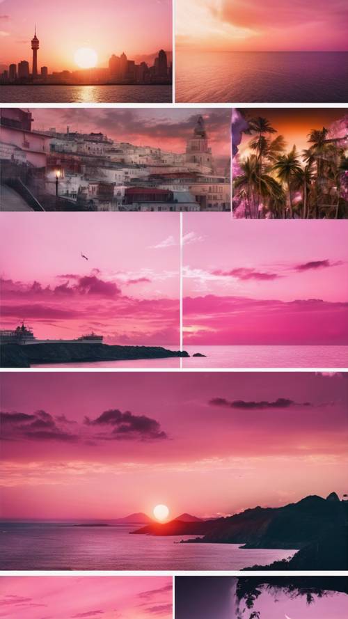Una bellissima esposizione di un collage che mostra tramonti rosa da tutto il mondo.