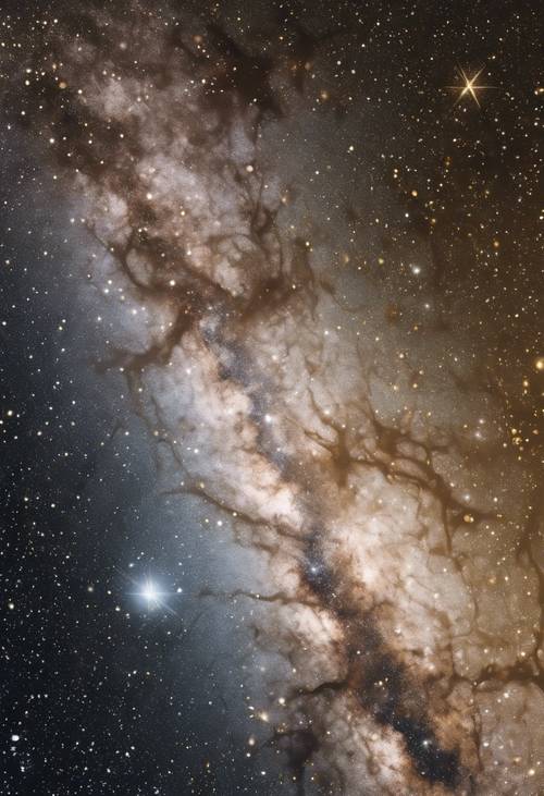 Uma cena cósmica representando a Via Láctea em glitter branco e dourado.