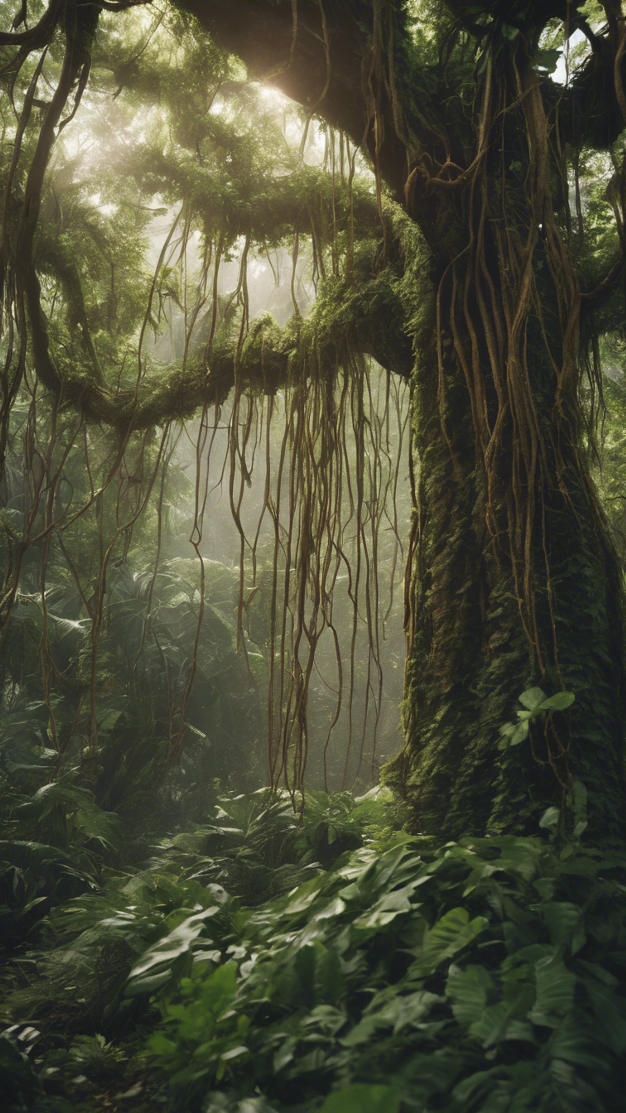 A wild, lush green jungle with a brown tree trunk, heavily draped in hanging vines.壁紙[b85ec9bc375843c087dc]