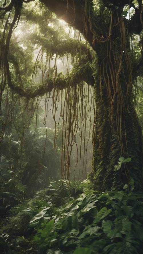 A wild, lush green jungle with a brown tree trunk, heavily draped in hanging vines.