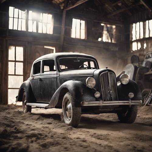 Black antique car, covered in a thick layer of dust in an old barn.