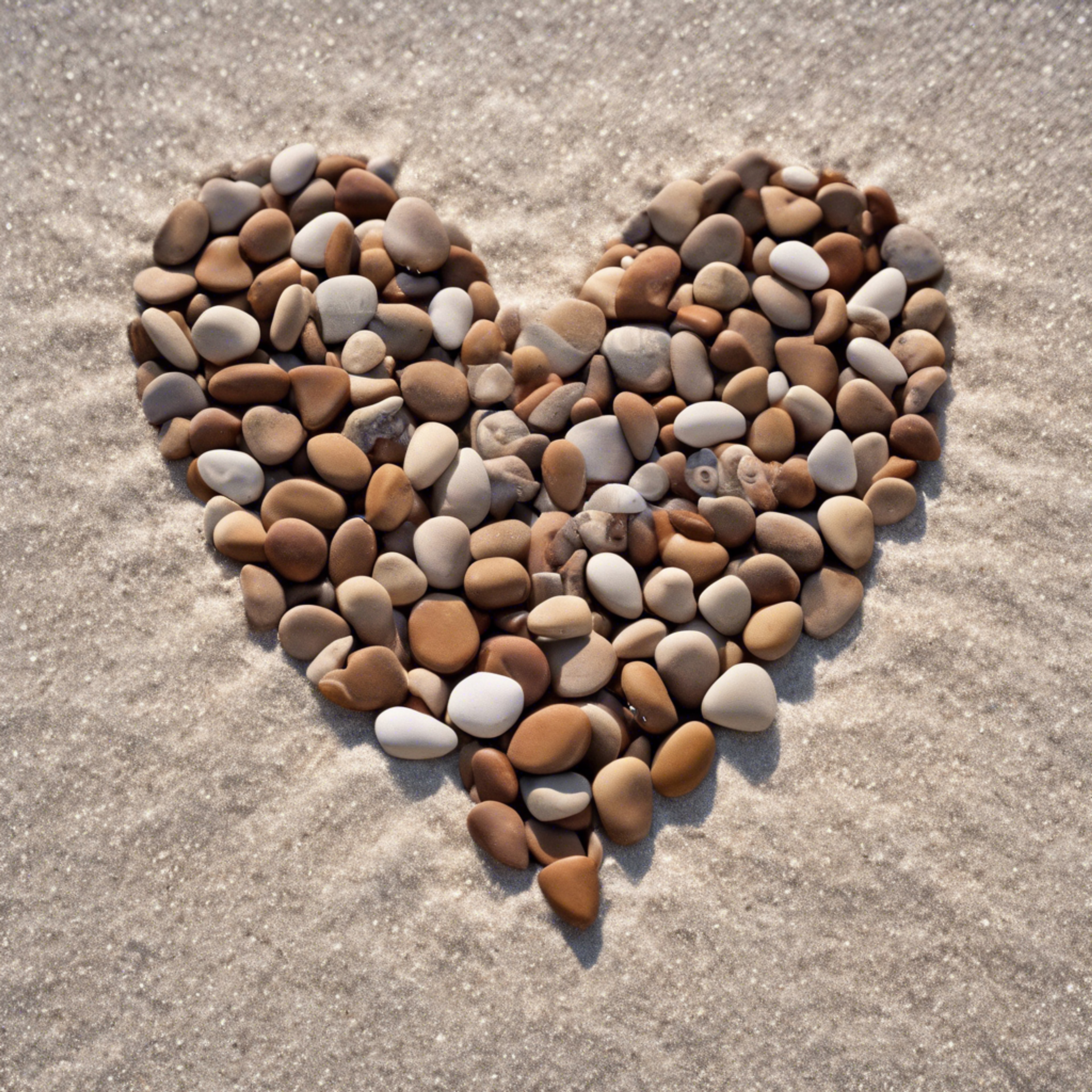 A heart made from brown pebbles on a white sandy beach by the seaside.壁紙[b4f9e48b18fc4f5485b3]
