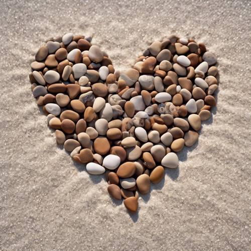 Ein Herz aus braunen Kieselsteinen an einem weißen Sandstrand am Meer.