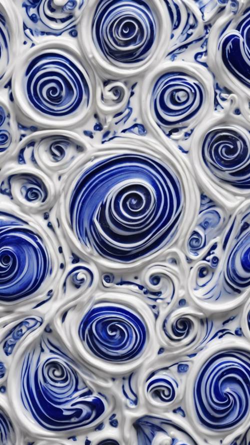 Pola rumit pusaran biru kobalt pada latar belakang putih porselen.