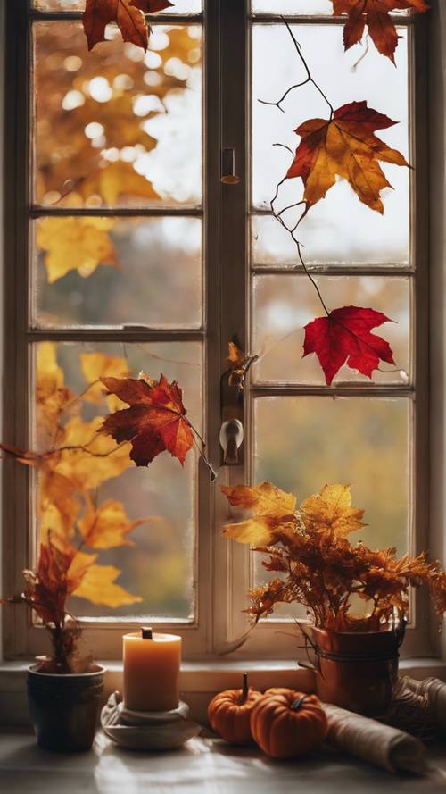 Pemandangan musim gugur di luar jendela dengan dedaunan berwarna-warni, menandakan datangnya hari Thanksgiving. Wallpaper [6d83a4bc2fc64adbb216]