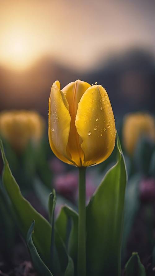 A close-up shot of a dew-kissed yellow tulip under the soft glow of twilight.