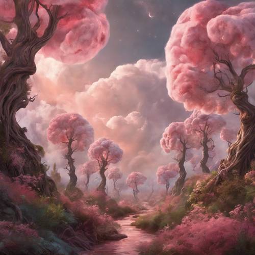 Forêt magique fantastique avec des arbres de canne à sucre et du chocolat moulu sous des nuages ​​de barbe à papa.