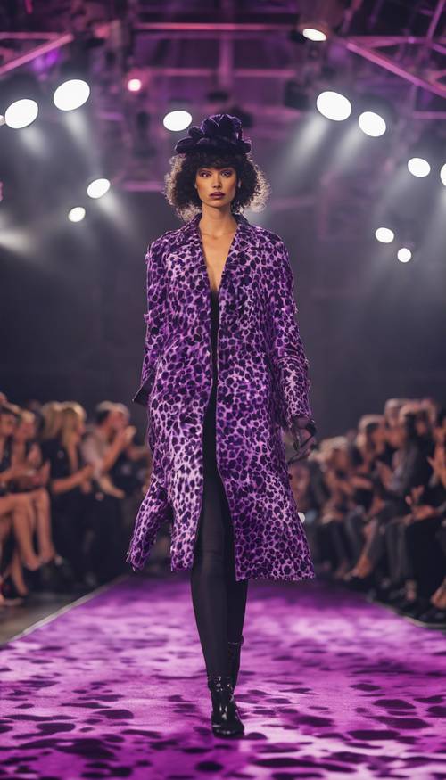 Sebuah runway fashion show yang tema utamanya adalah motif sapi berwarna ungu dan hitam.