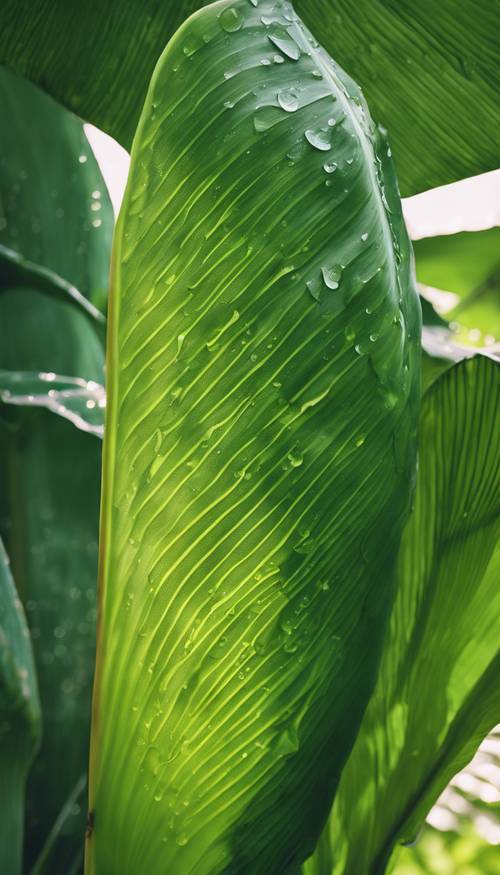 Duży zielony liść bananowca, pokryty poranną rosą w delikatnym świetle słonecznym.