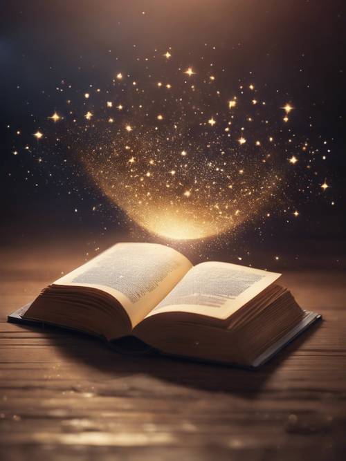 An open book with twinkling stars levitating out of it, forming the quote 'The universe is made of stories, not atoms.' Ფონი [ccf2318223ff44d597dc]