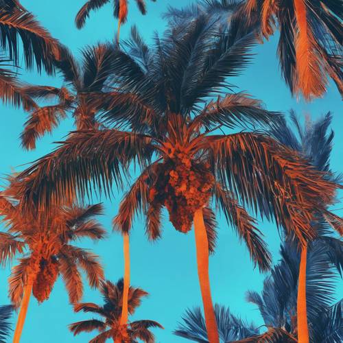 一棵蓝色棕榈树的数码波普艺术，色彩鲜艳。