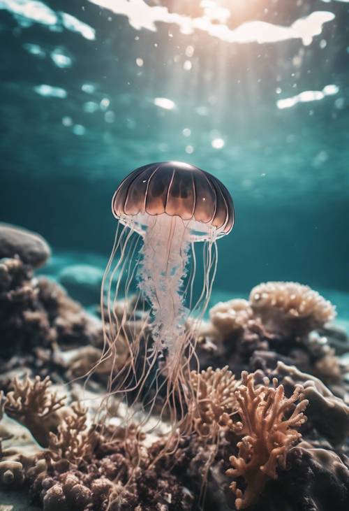 A curious black jellyfish approaching a formation of coral in a tropical sea.