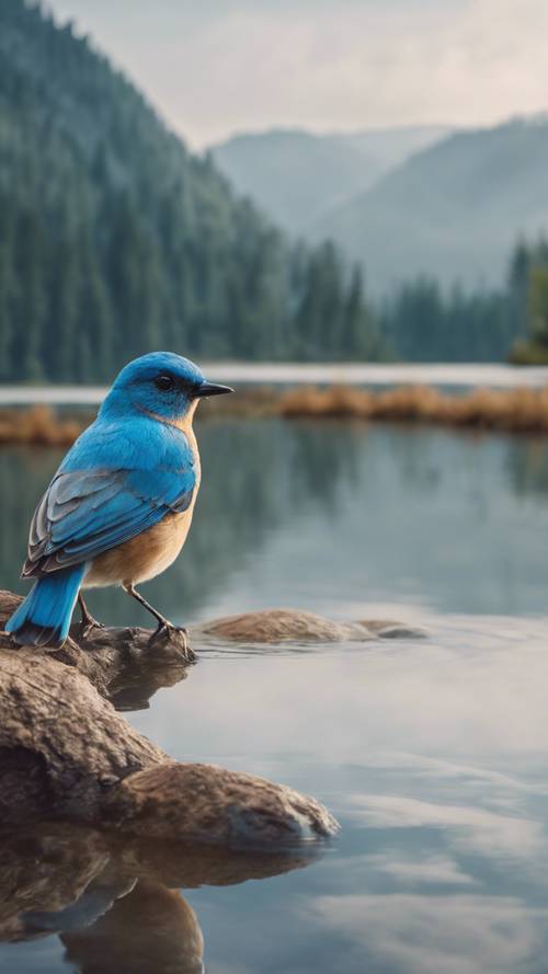 Un simpatico uccellino blu che sorseggia l&#39;acqua di un lago limpido sullo sfondo di montagne nebbiose