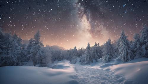 Un paesaggio innevato e scintillante illuminato dal chiarore della Via Lattea invernale.