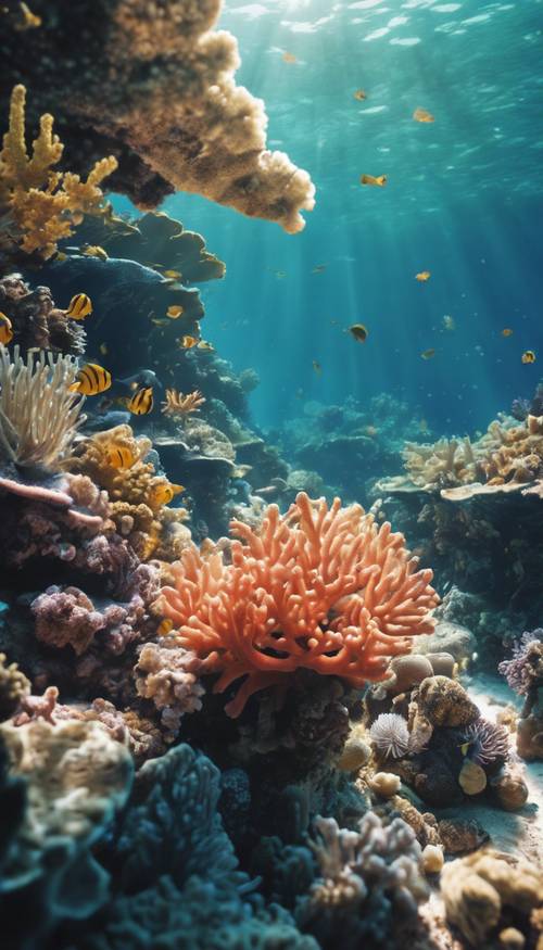 Un arrecife de coral lleno de vida durante un día brillante y soleado.